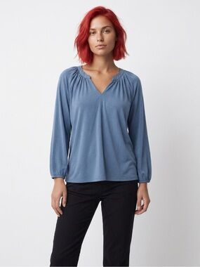 Lucky Brand Split Neck Blouse Medium Slate Blue Soft Modal Blend